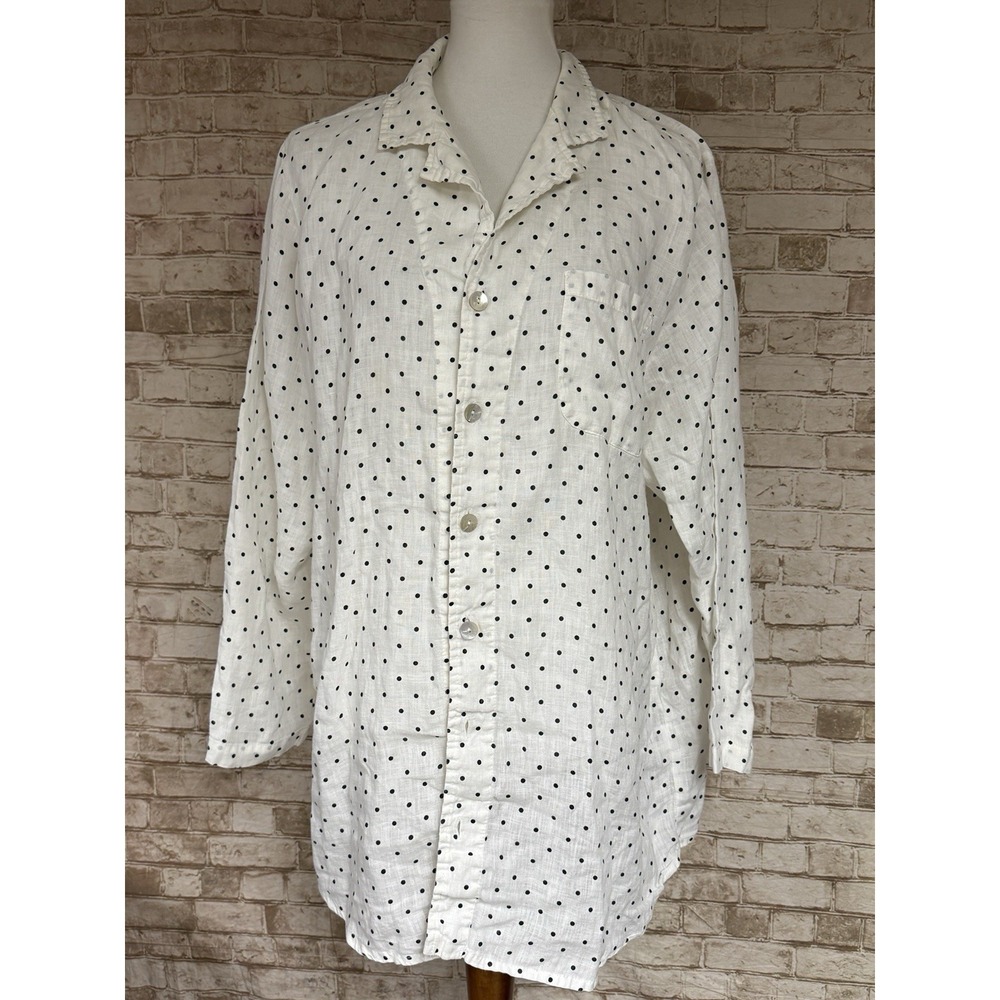 Flax Linen White/Black Polka Dot Top Button Down Sz Medium Lagenlook Artsy